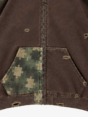 Paneled Camo Washed Distressed Zip Hoodie