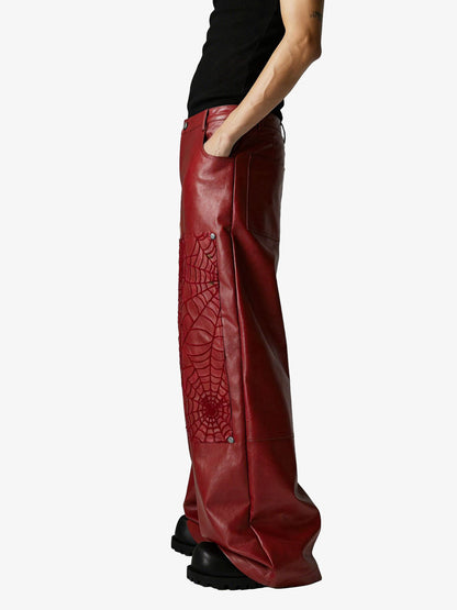 Faux Leather Wide Leg Pants with Spiderweb Embossed Pockets - Edgy Fashion Statement 