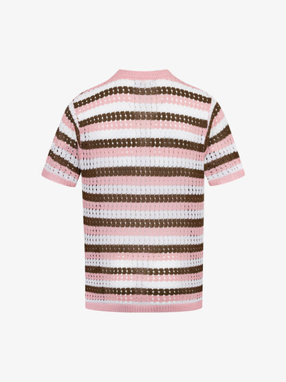 Contrast Striped Crochet Openwork Knit Short-sleeved T-shirt 