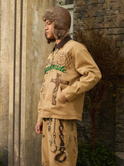 Supermade “Your God Is Not Here” Slogan Print Color-Blocked Embroidered Retro Canvas Jacket 