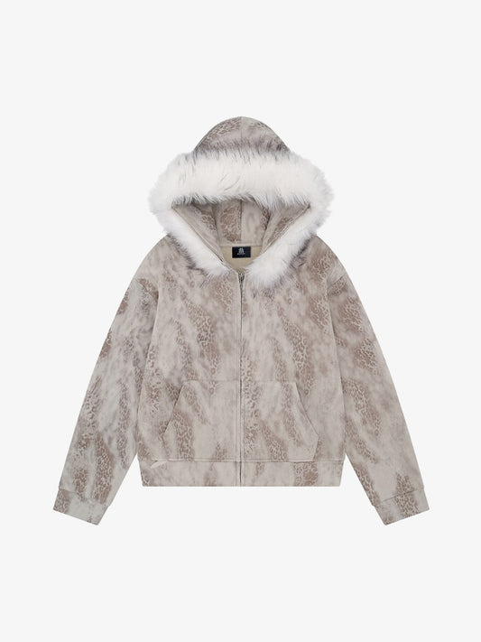 Leopard Print Hooded Jacket with Faux Fur Trim - Stylish and Warm Winter Outerwear 