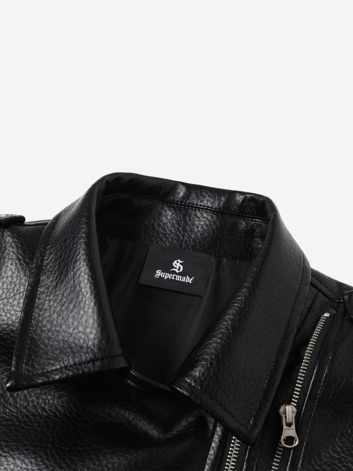 Studded-Belt Asymmetric Zip Faux Leather Biker Jacket