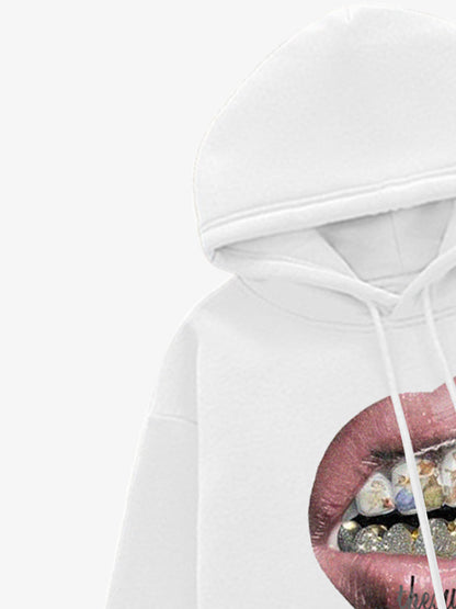 Hip-hop Mouth Gold Print Velvet Hooded Sweatshirt 