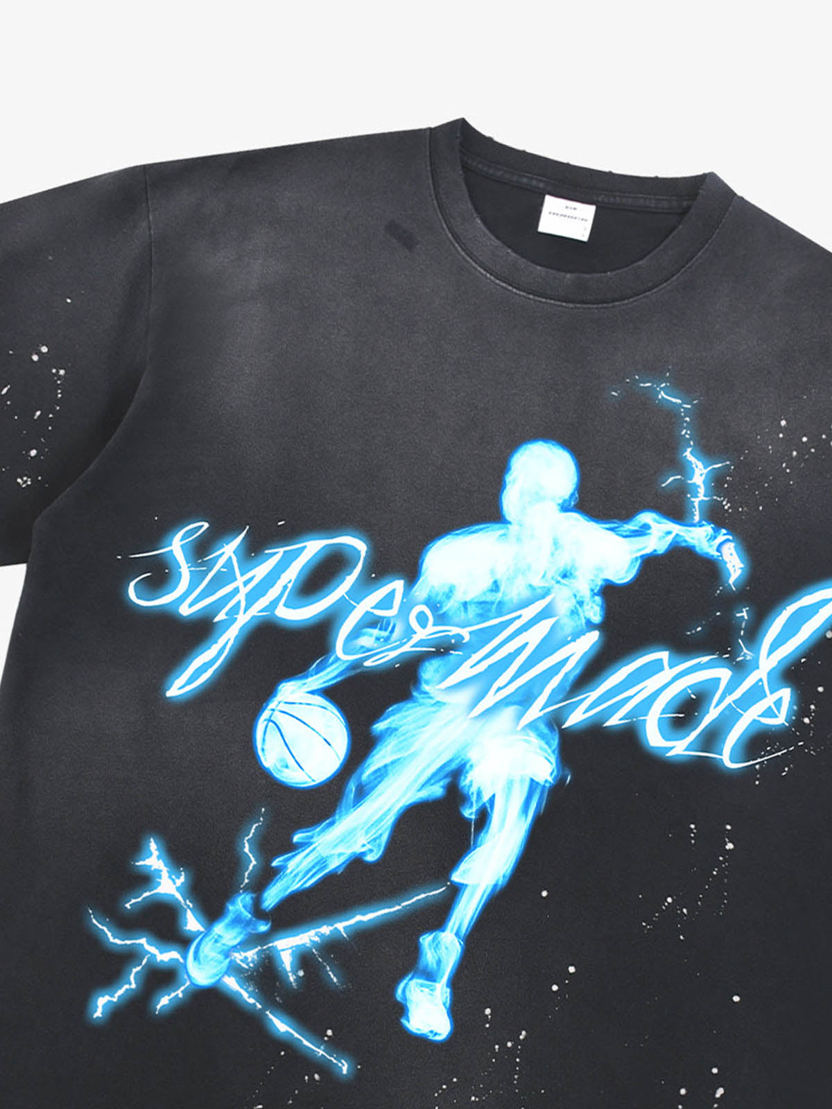 thesupermade "Energy Burst" Basketball Player Cyber Aesthetic Electric Print T-Shirt – Vintage Washed Oversized Basketball Streetwear T-Shirt 