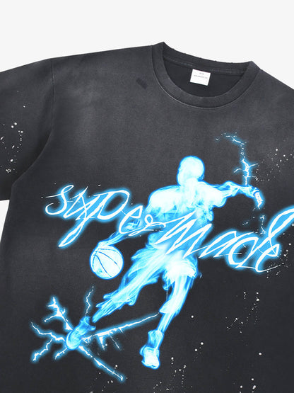 thesupermade "Energy Burst" Basketball Player Cyber Aesthetic Electric Print T-Shirt – Vintage Washed Oversized Basketball Streetwear T-Shirt 