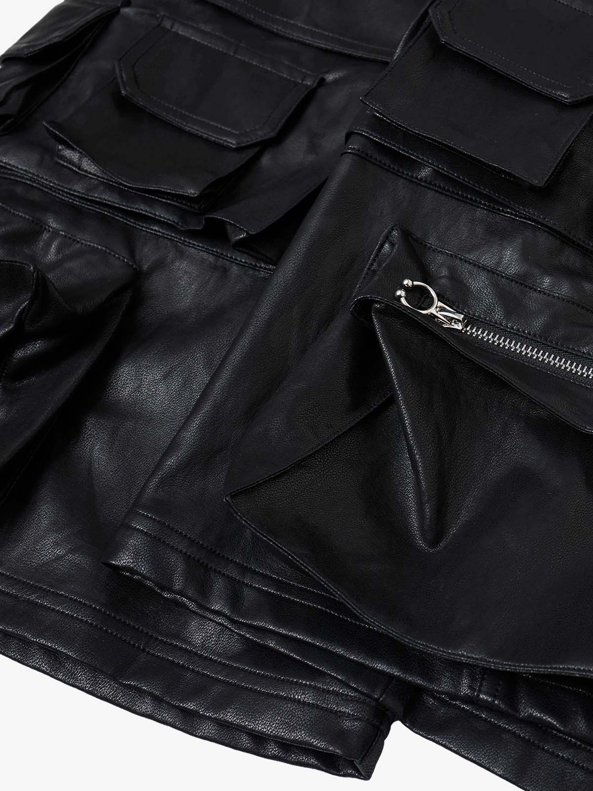 Faux Leather Cargo Shorts for Men - Black Oversized Utility Shorts with Multiple Pockets and Zipper Details 