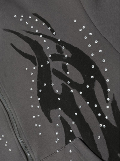 Stylish Purple Hoodie with Unique Flame Design and Rhinestone Accents 