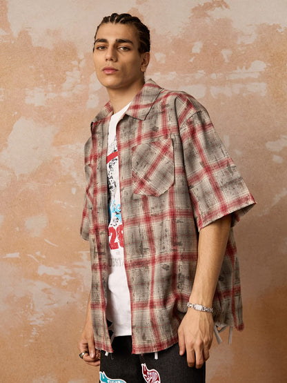 Distressed Patch Plaid Short-Sleeve Shirt 