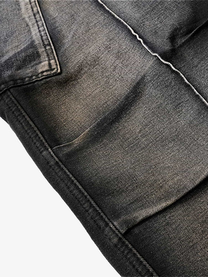 Washed Distressed Pleated Cargo Jeans 