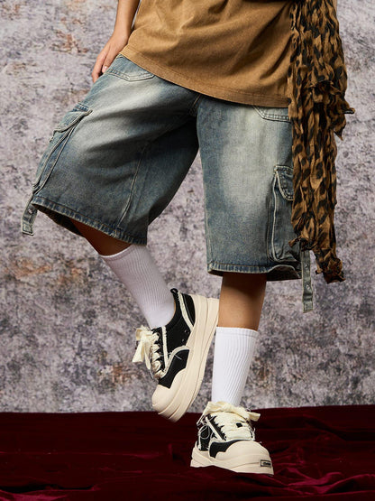 High-Waisted Multi-Pocket Denim Cargo Shorts 