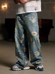 Denim Floral Print Carpenter Jeans - 2237 