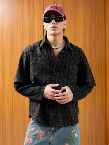 Heavy Plaid Pleated Striped Faux Two-Piece Polo Shirt 