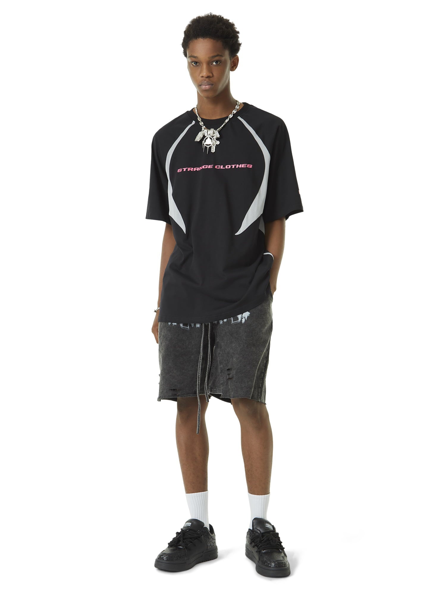Retro Color-Blocked Deconstructed Stitching Racing T-shirt 