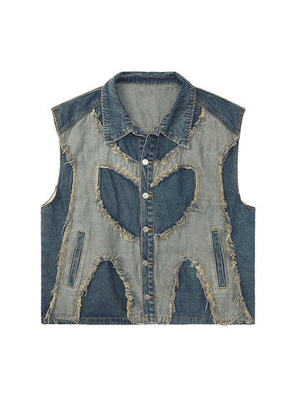 Thesupermade Contrast Denim Heart Stitching Street Rap Vest - 2062 