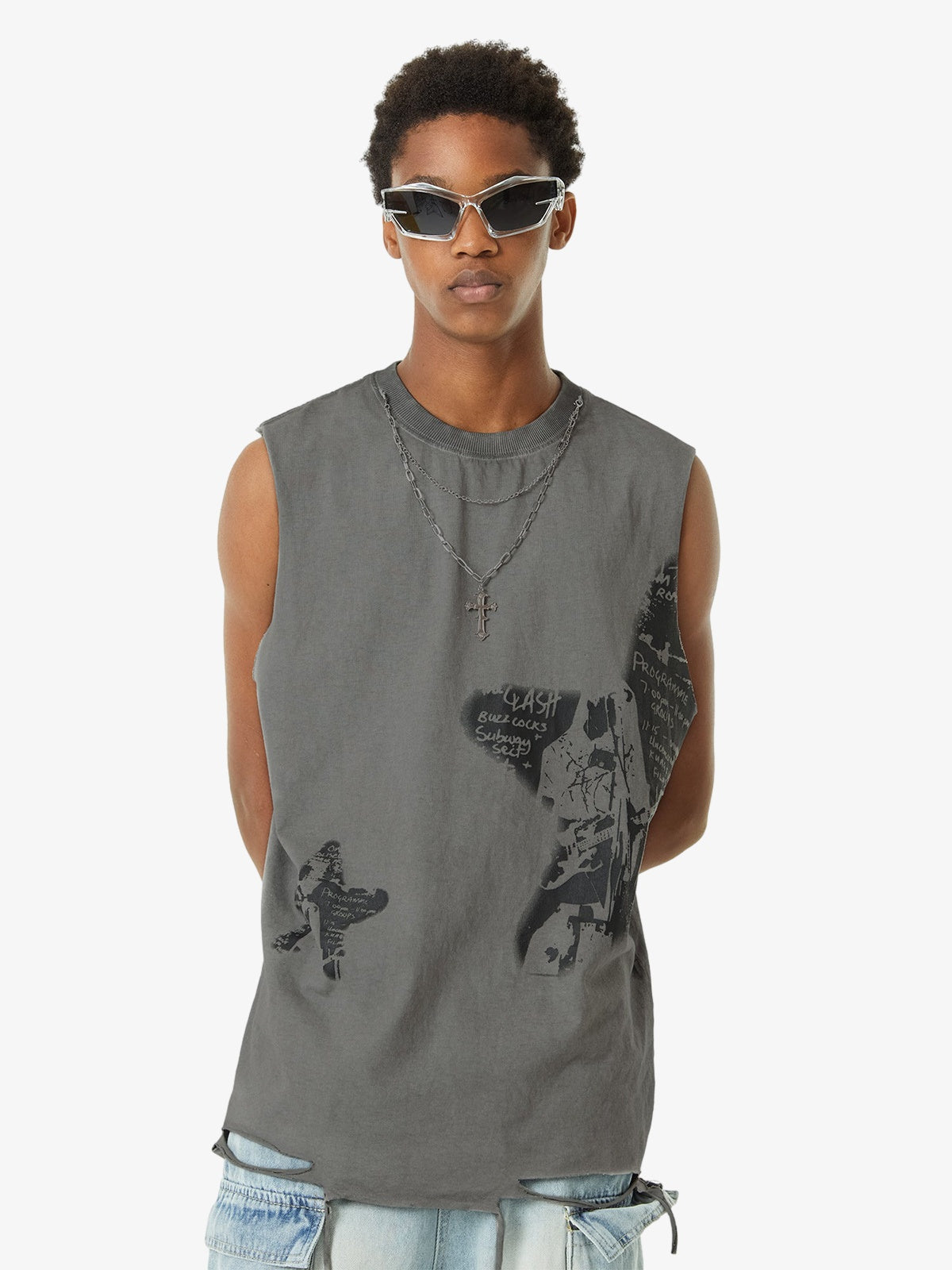 Thesupermade Vintage Necklace Star Print Hip-hop Tank Top - 2070 