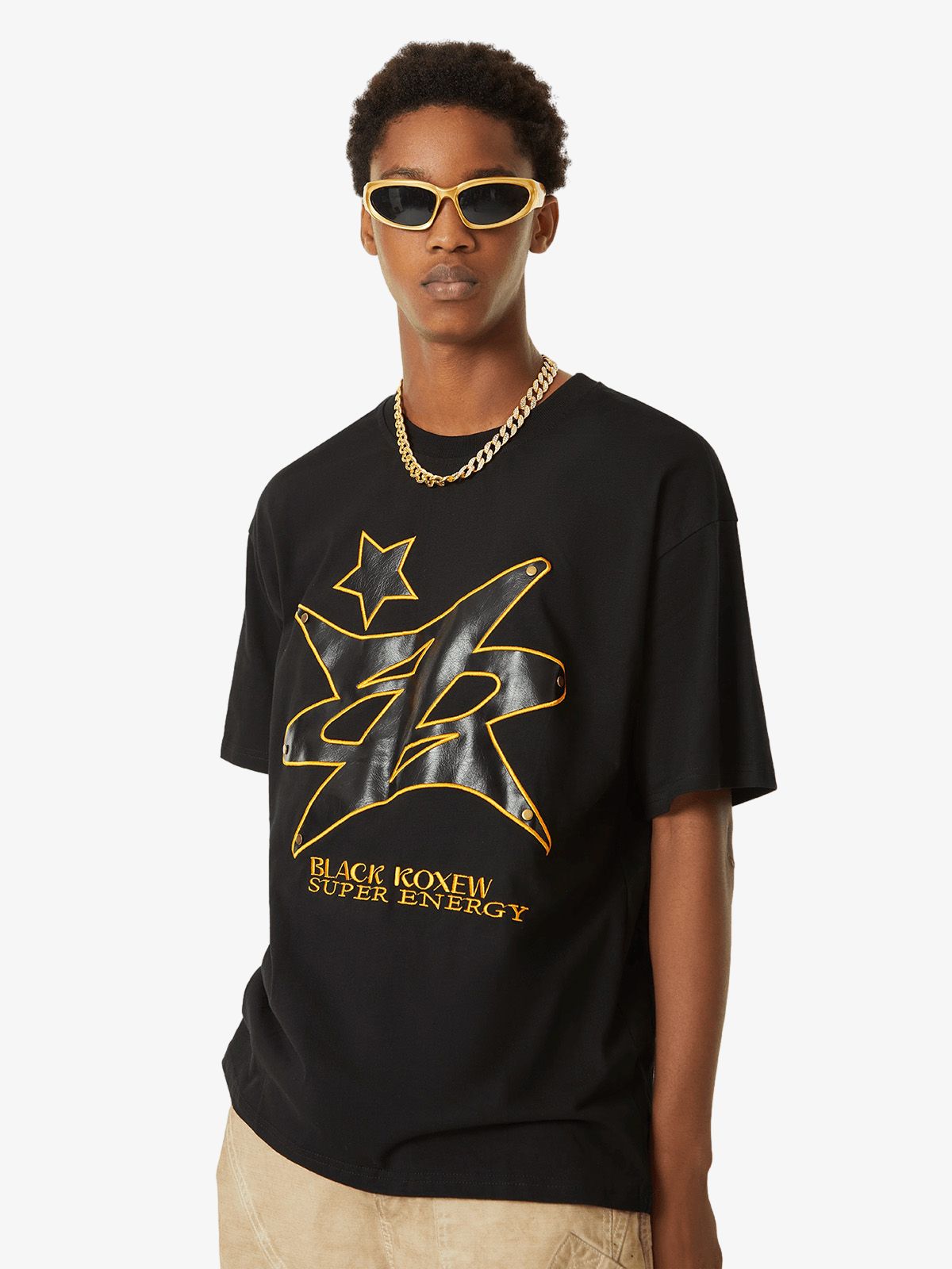 Thesupermade Leather Studded Creative Star Street Rap T-shirt 