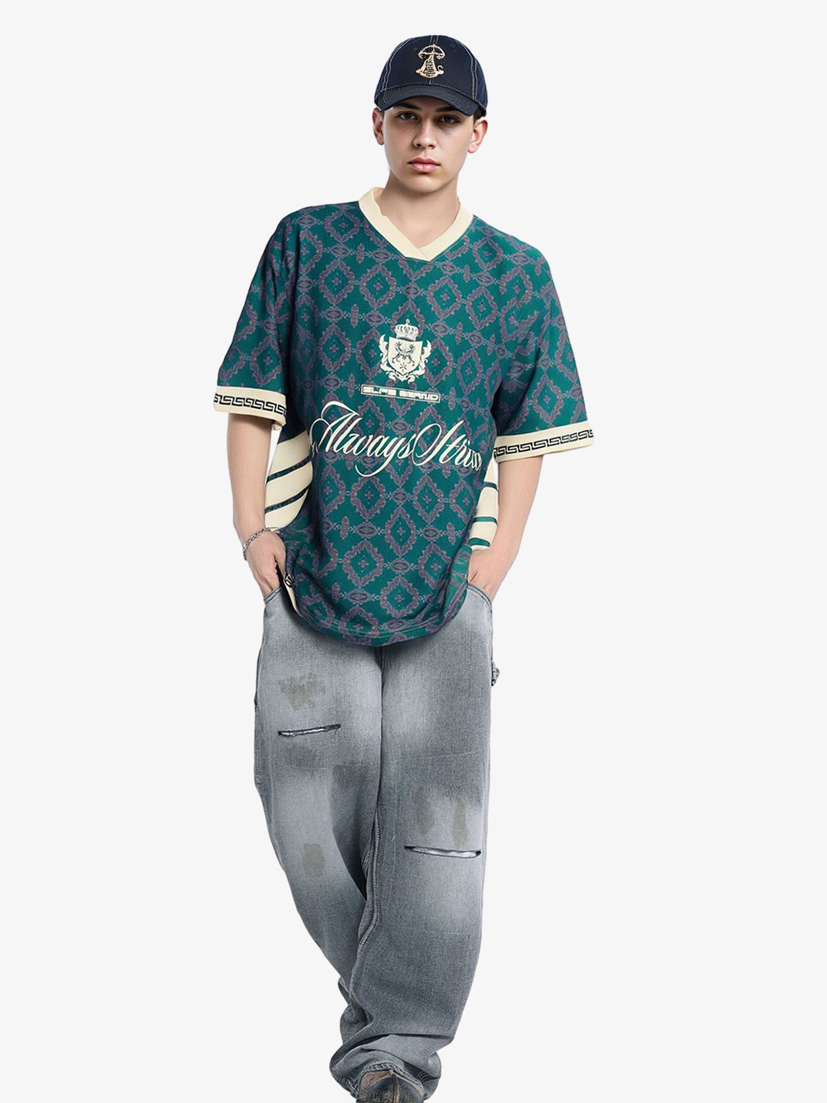 Always Strive Green Patterned Jersey V-Neck T-Shirt 
