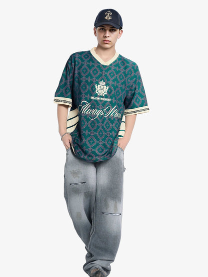Always Strive Green Patterned Jersey V-Neck T-Shirt 