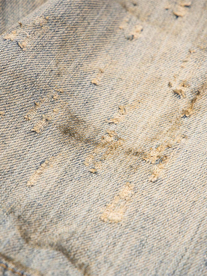 Mud-dyed Distressed Rhinestone Denim Jacket - 2336 