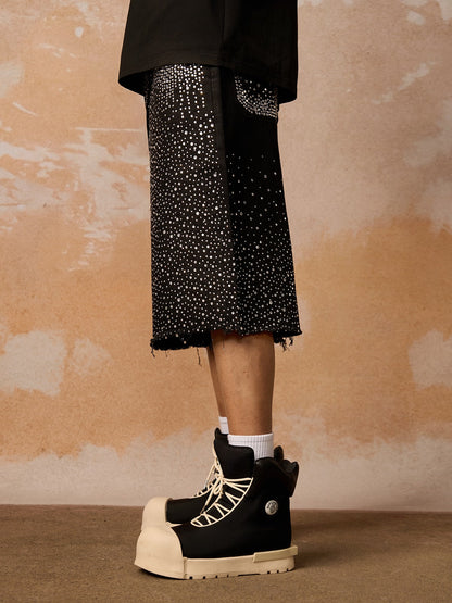 Retro Washed Rhinestone Raw Edge Denim Shorts - 2419 