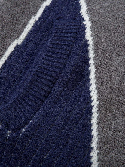 Retro Contrast Color Cardigan Knitted Sweater 