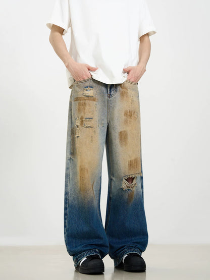 Thesupermade Retro Ripped Washed Patina Street Hip-Hop Jeans 