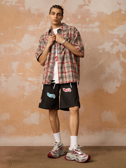 Distressed Patch Plaid Short-Sleeve Shirt 