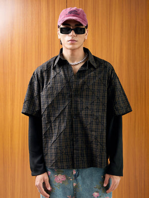 Heavy Plaid Pleated Striped Faux Two-Piece Polo Shirt 