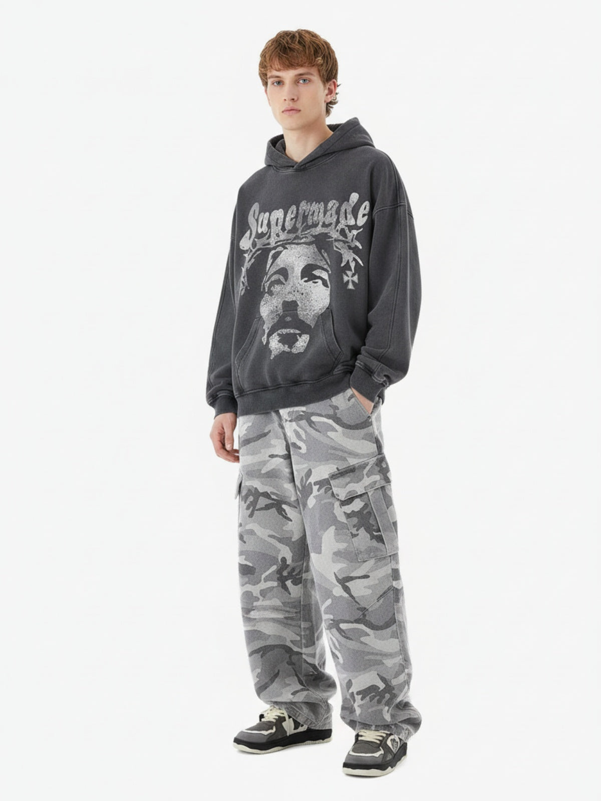 Snow Camouflage Machete Wide-Leg Cargo Barrel Pants - 2548 