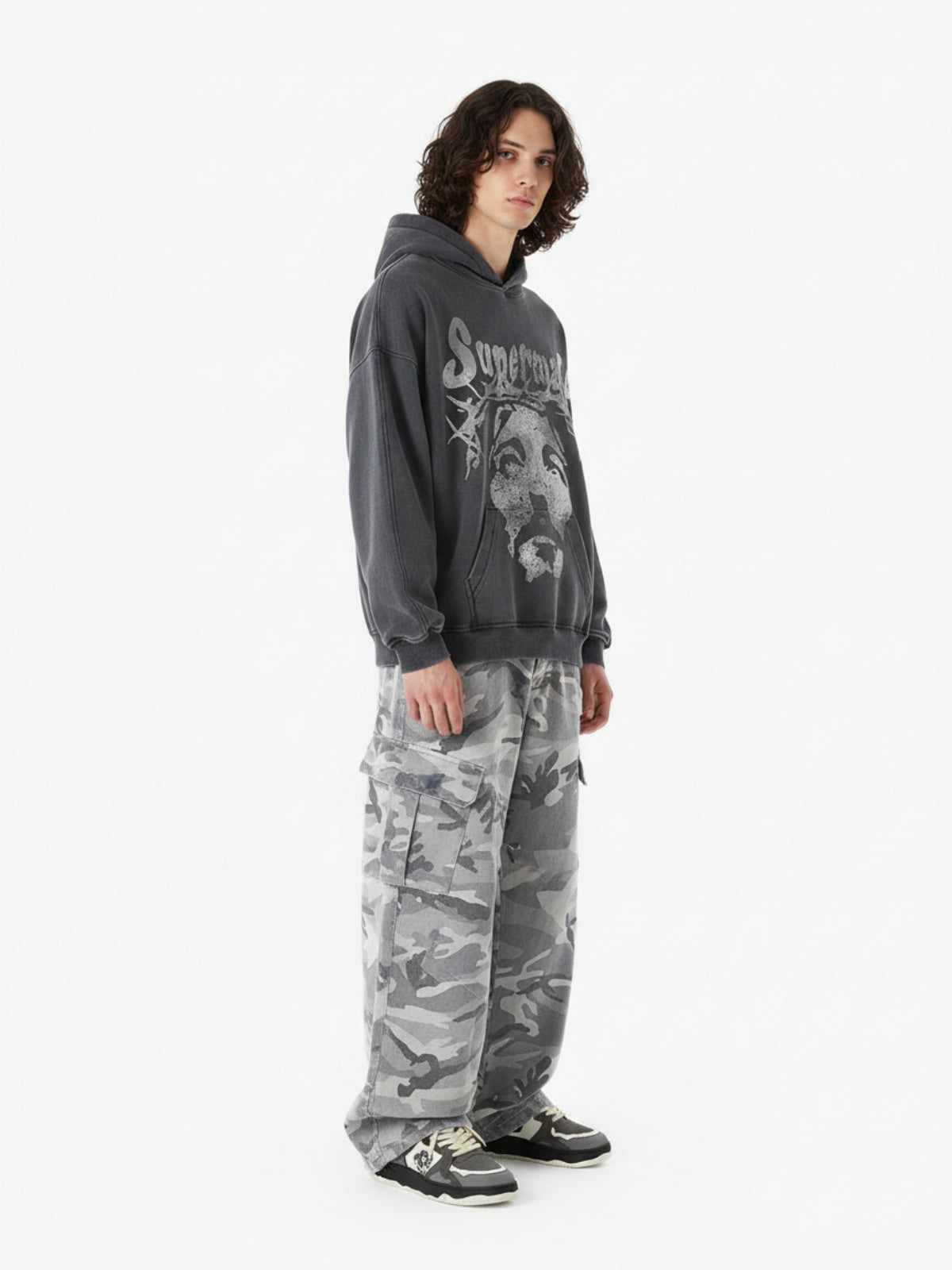 Snow Camouflage Machete Wide-Leg Cargo Barrel Pants - 2548 