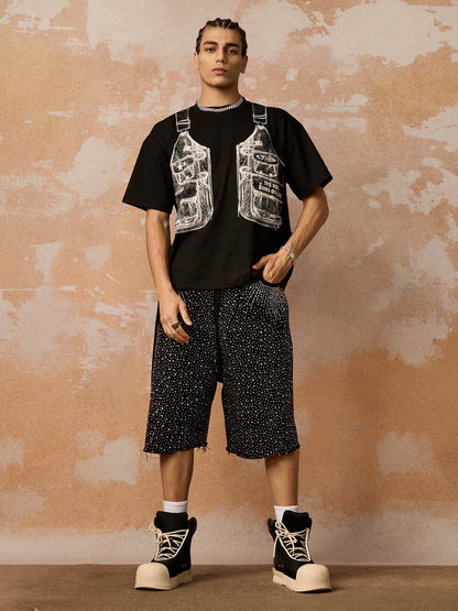 Retro Washed Rhinestone Raw Edge Denim Shorts - 2419 