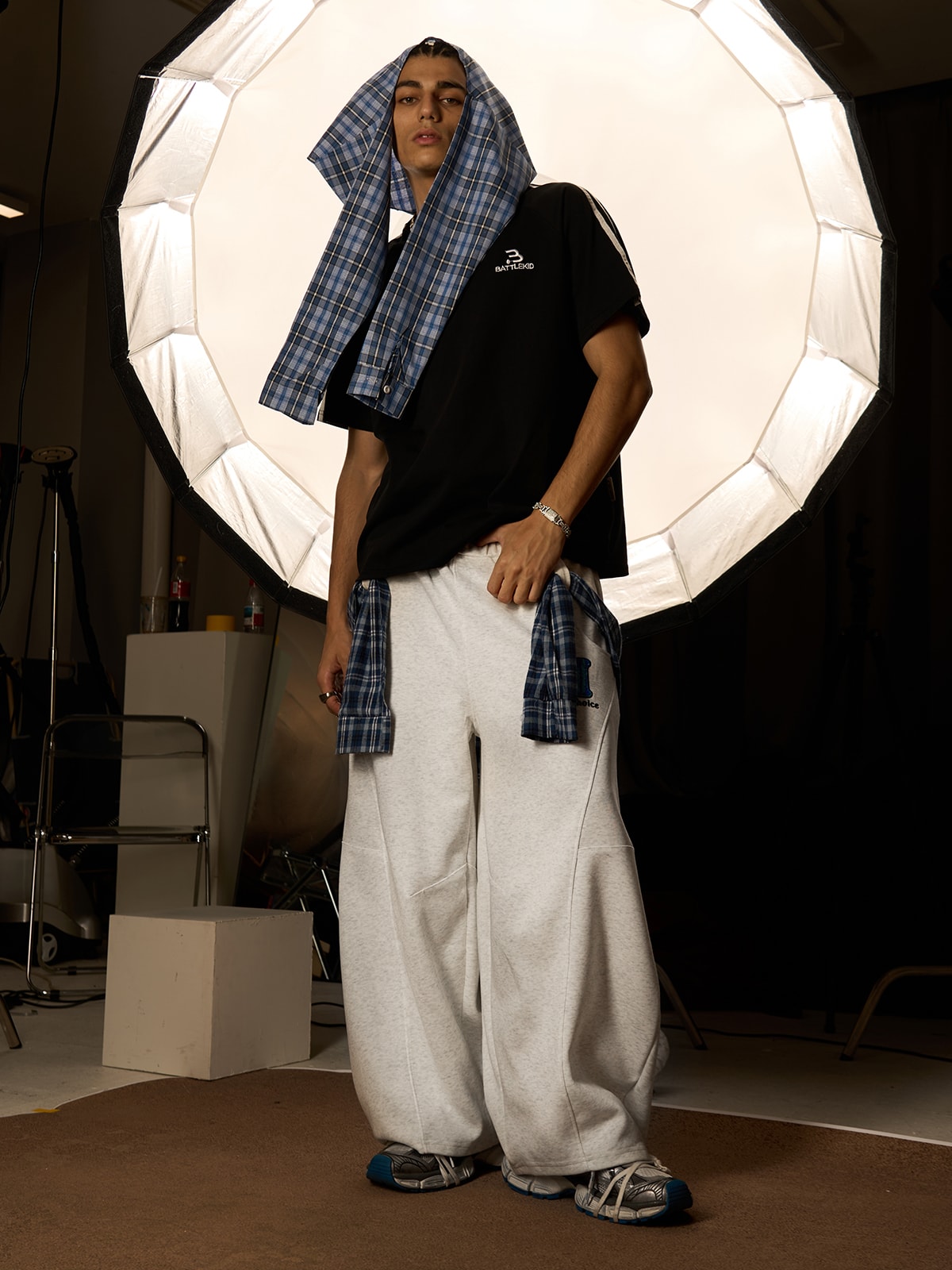 Plaid Belt Barrel Pants 