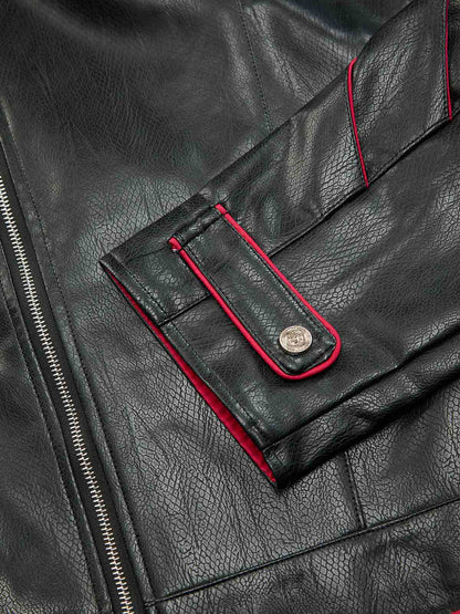 Thesupermade Paneled Spine Pleated Cropped Leather Biker Jacket 