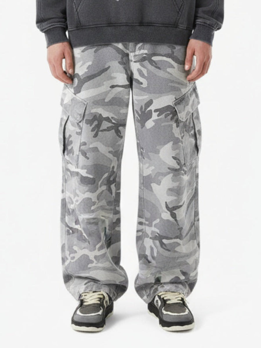 Snow Camouflage Machete Wide-Leg Cargo Barrel Pants - 2548 