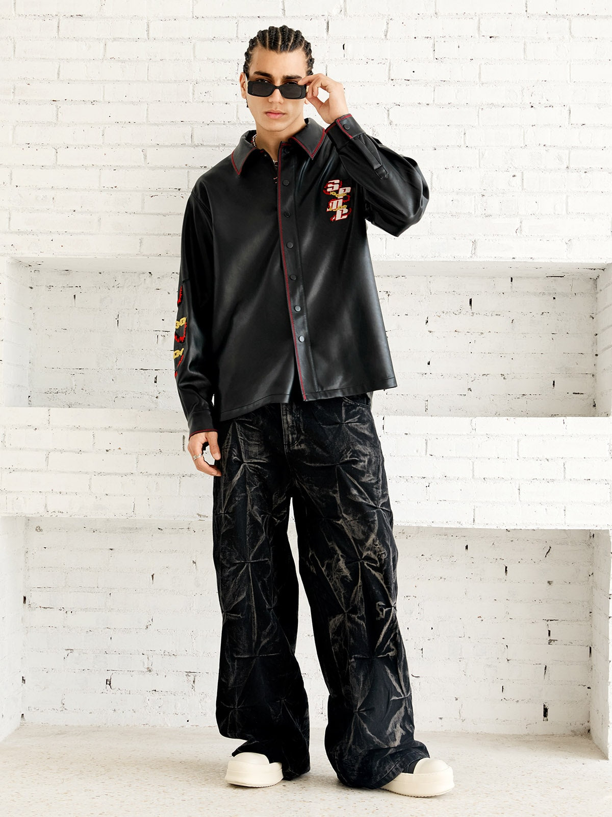 Denim Heavy Washed Distressed Pleated Baggy Jeans - 2282 