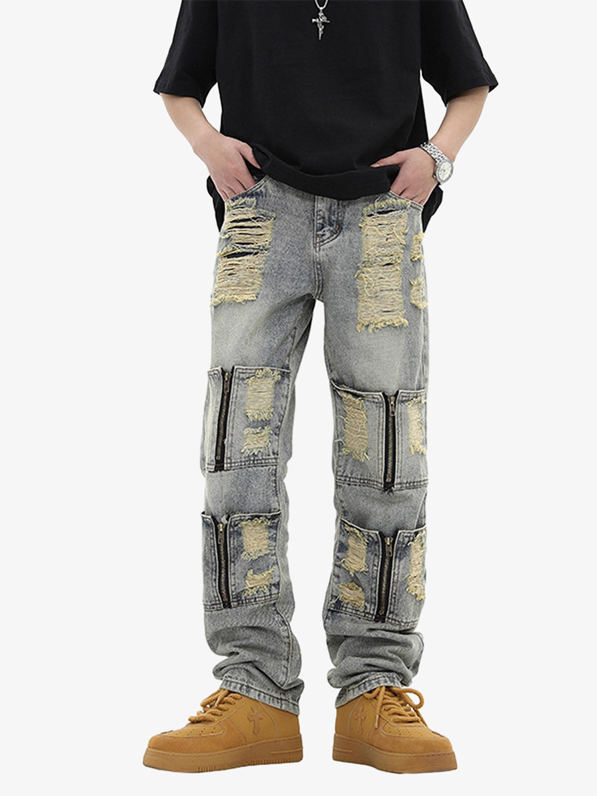 High Street Washed And Torn Work Pockets Denim Pants- 1646 