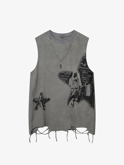 Thesupermade Vintage Necklace Star Print Hip-hop Tank Top - 2070 