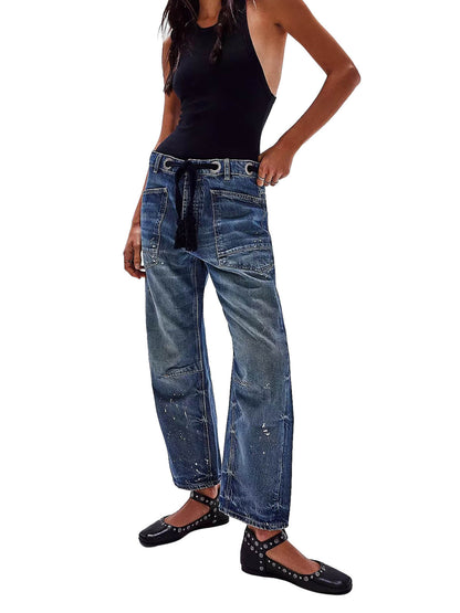 Thesupermade Drawstring Denim Patch Washed Jeans 