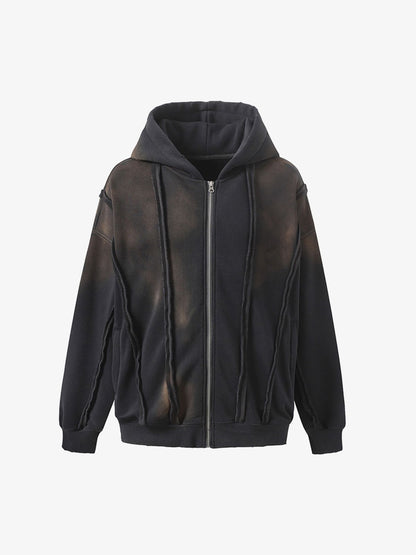 Thesupermade Distressed Patchwork Velvet Cardigan Hooded Sweatshirt 