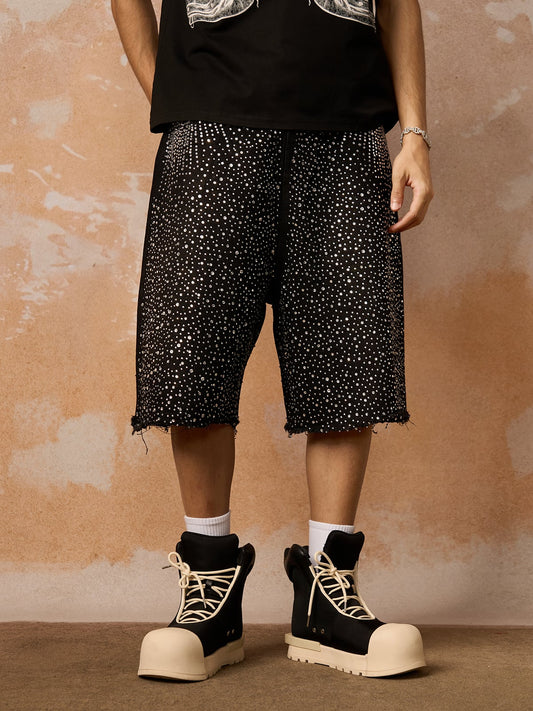 Retro Washed Rhinestone Raw Edge Denim Shorts - 2419 