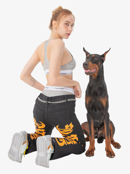 Thesupermade Burning Text Embroidered Letters Jeans -1478 