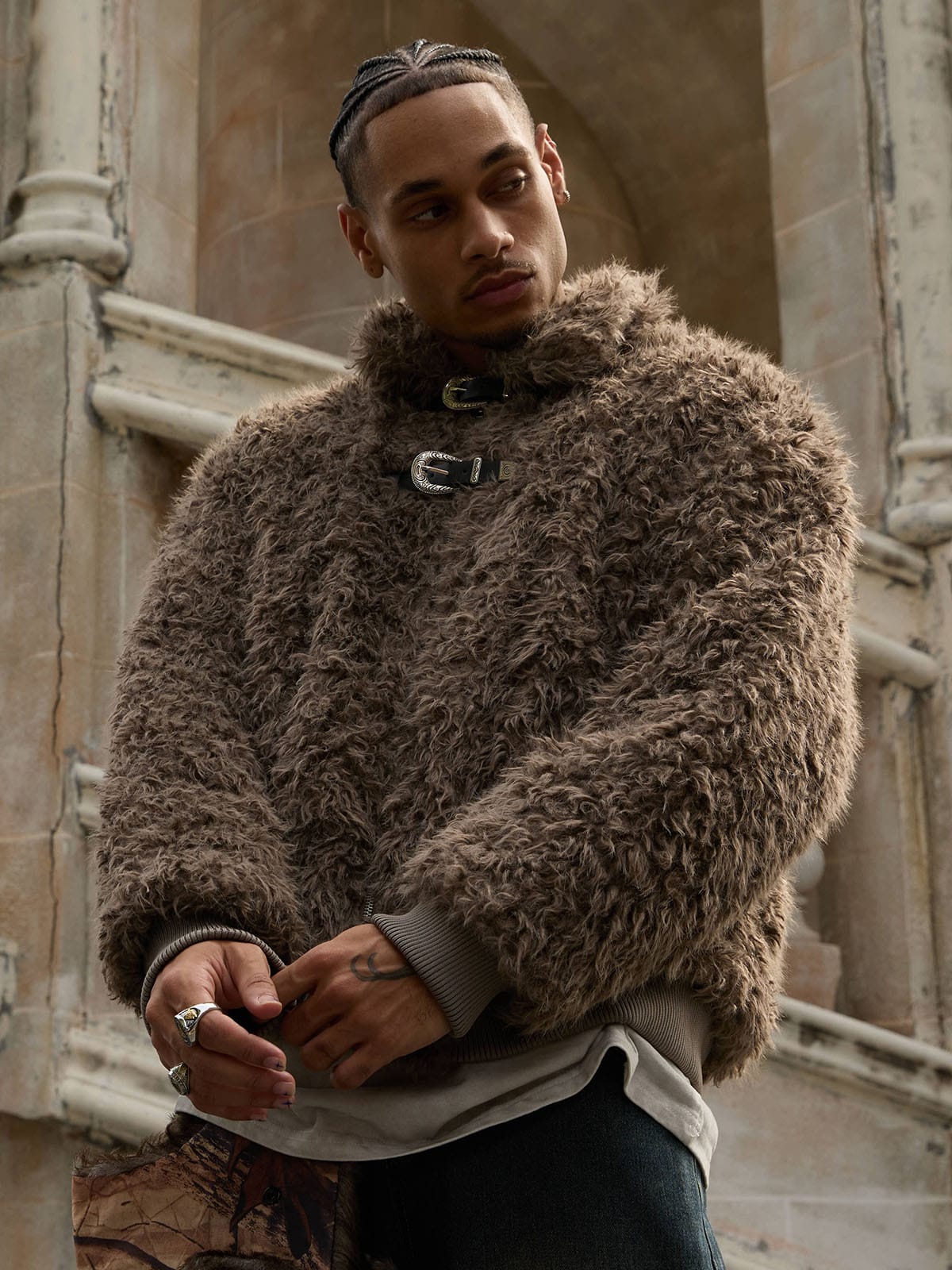 Thesupermade Metal leather button Faux Fur Jacket -2245 