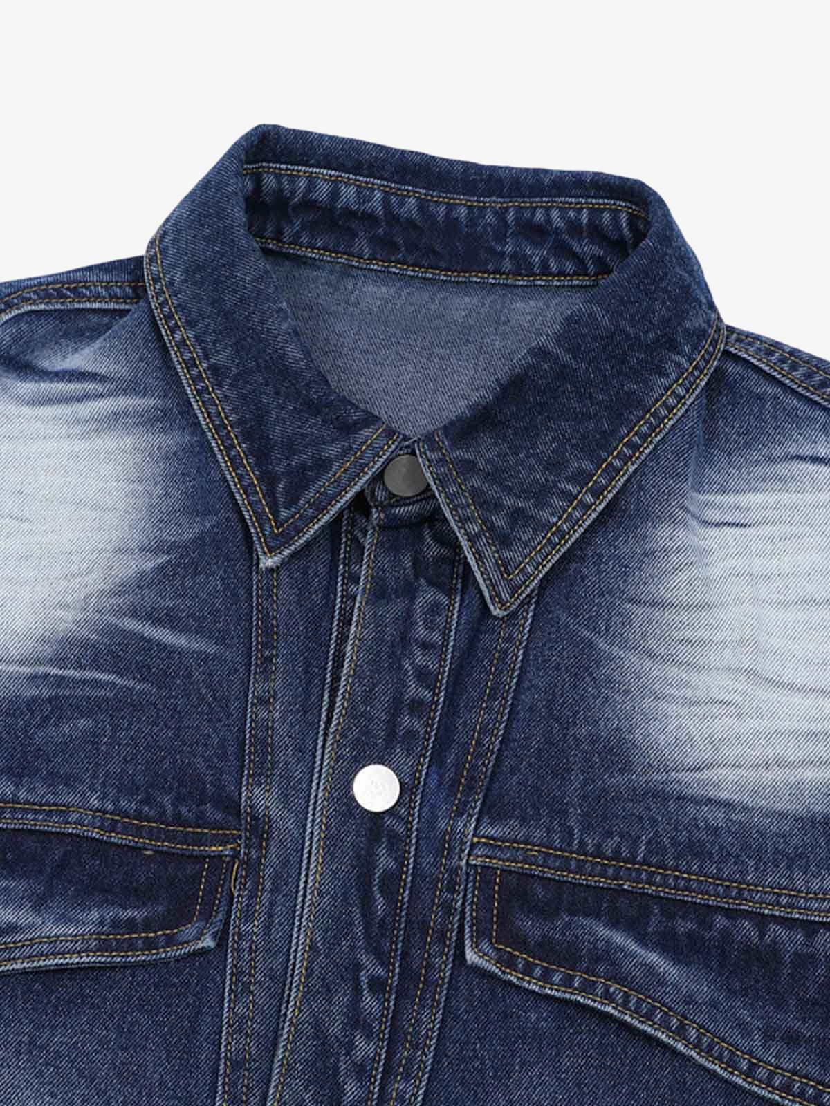 Distressed Washed Workwear Denim Shirt And Jorts Set 
