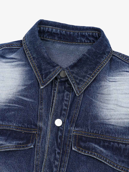 Distressed Washed Workwear Denim Shirt And Jorts Set 