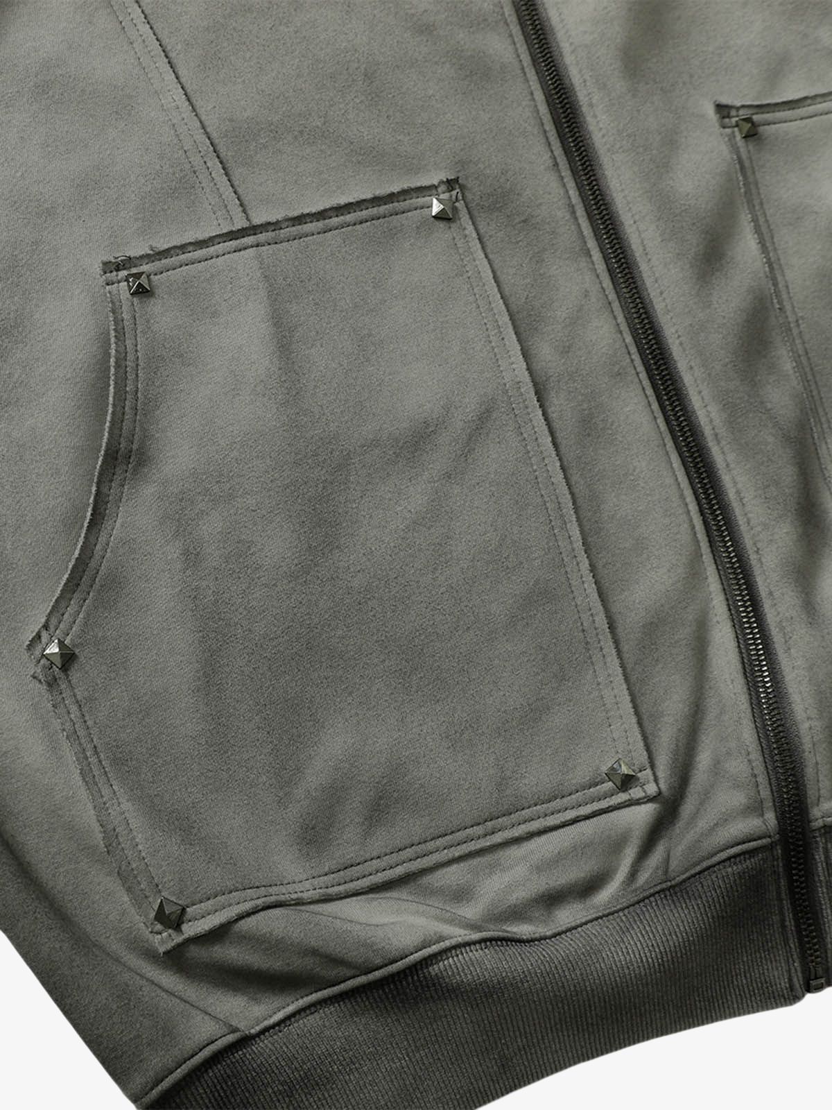 Street Washed Distressed Stitching Rivet Hooded Jacket 