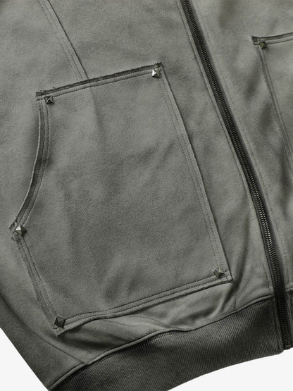 Street Washed Distressed Stitching Rivet Hooded Jacket 