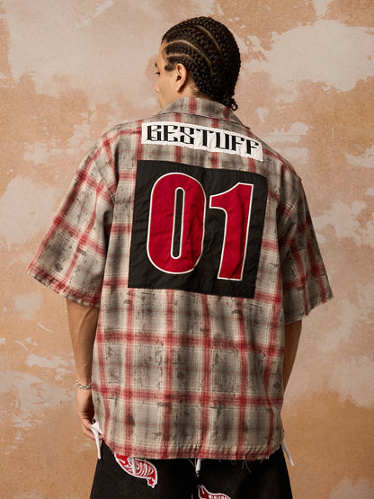 Distressed Patch Plaid Short-Sleeve Shirt 