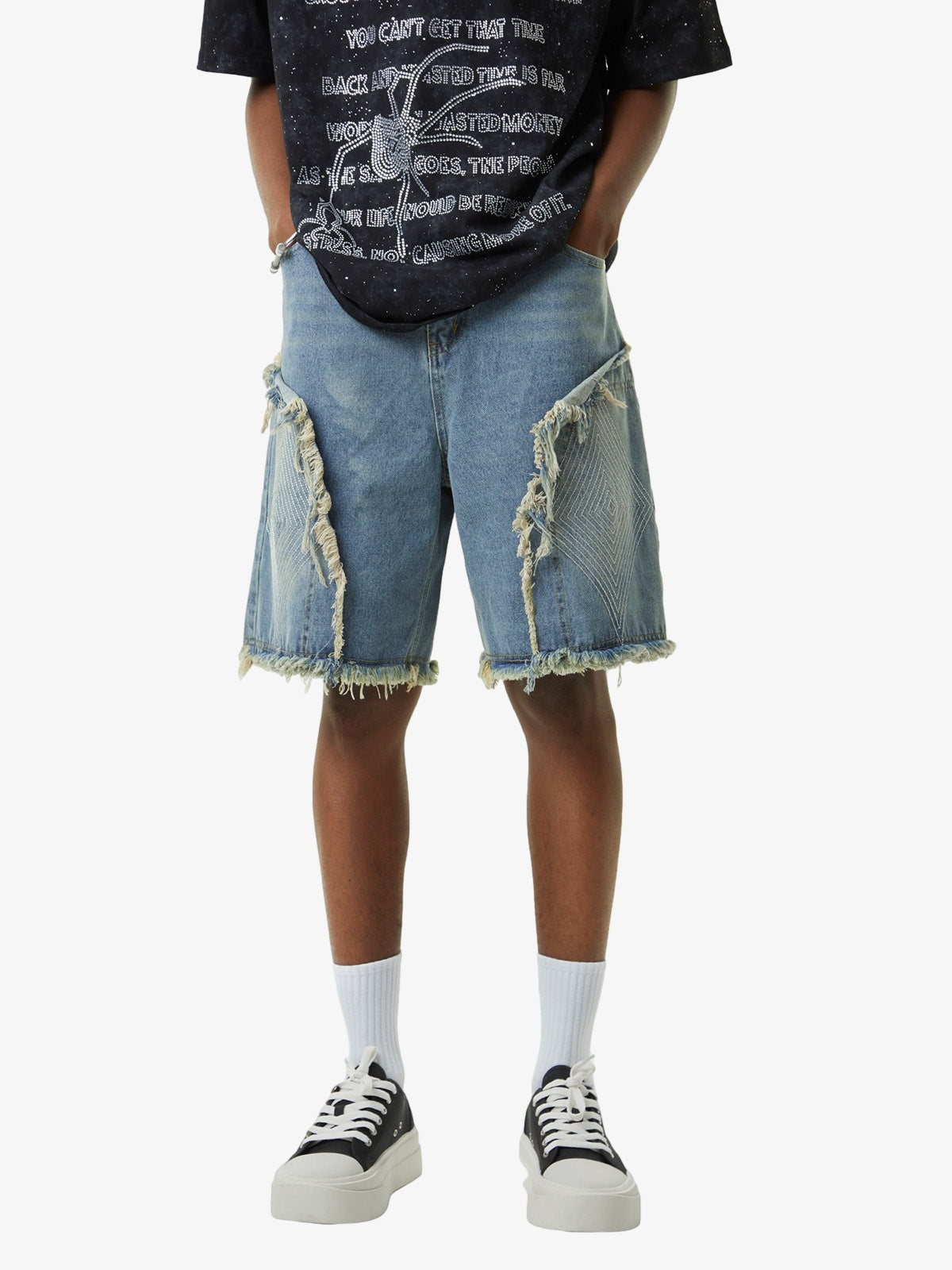 Thesupermade Retro Stitching Diamonds Embroidery Shorts 