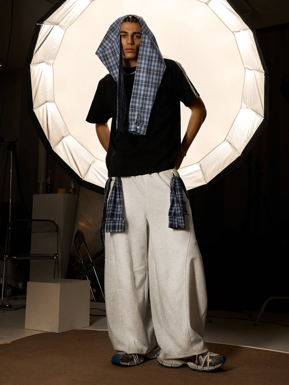 Plaid Belt Barrel Pants 