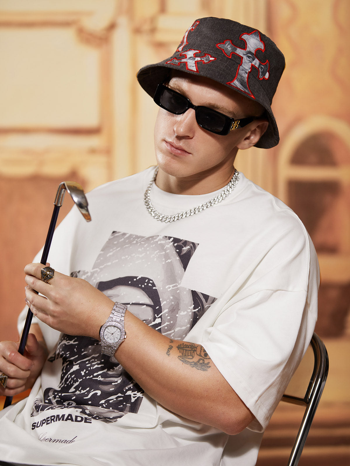 Cross And Portrait Denim Bucket Hat 